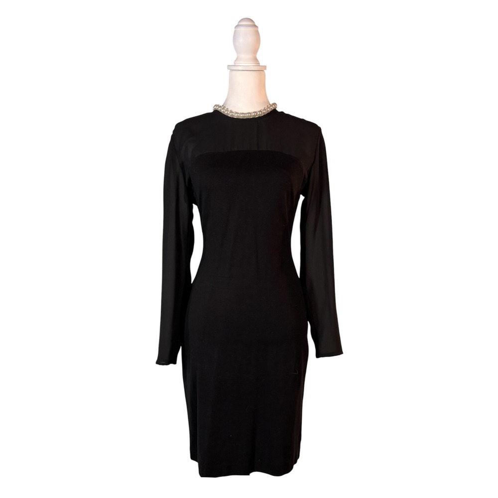 90s Black Cocktail Dress Women's‎ S Sheer Sleeve Retro Glam Old Hollywood Chic
